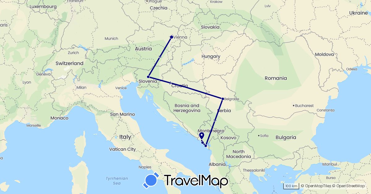 TravelMap itinerary: driving in Austria, Montenegro, Serbia, Slovenia (Europe)